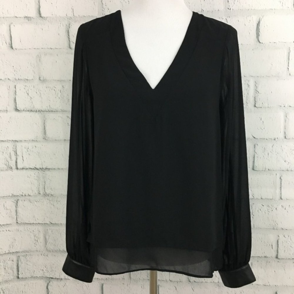 CHIC Sam Edelman Black V-neck Blouse Faux Leather Cuffs- Sz M